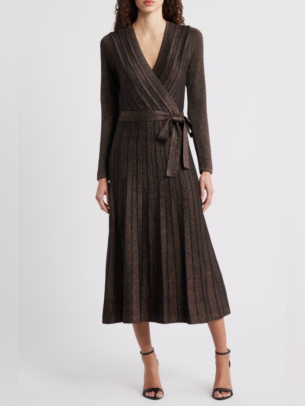 Eliza J Metallic Bronze Knit Long Sleeve Midi Dress with Tie Waist